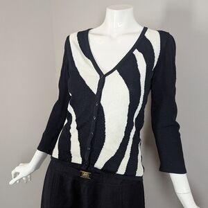bebe Black & White Zebra Stripe Cardigan | Y2K Bodycon Knit | Fitted V-Neck | Si